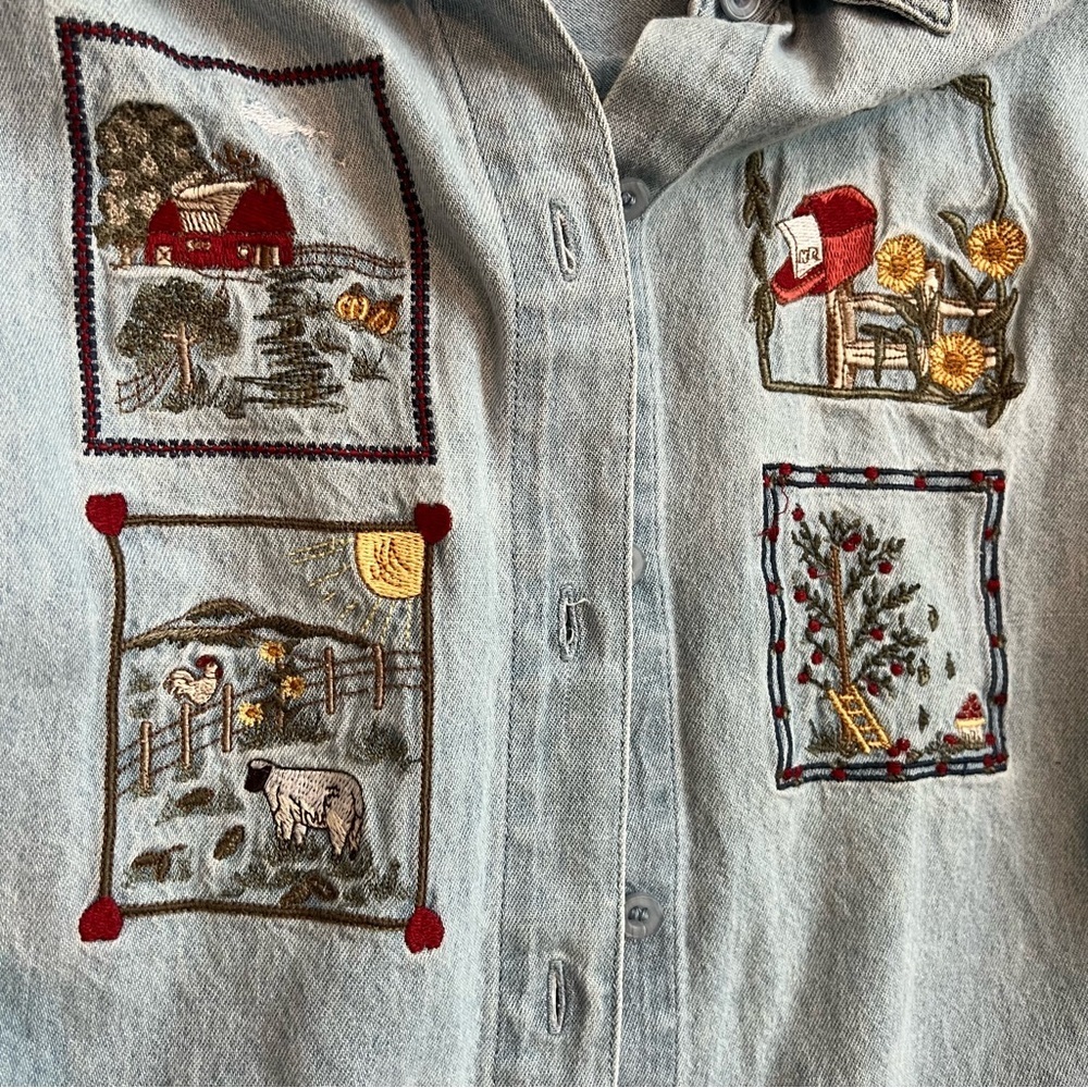 Vintage 90s Denim Button Up Jean Shirt Red barn sunflowers size medium cotton - Picture 8 of 15